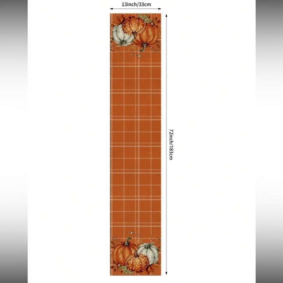 NWT- Beautiful Orange & Cream Plaid- w/ Trio of Fall Pumpkins Table Runner 72x13 - Picture 3 of 3